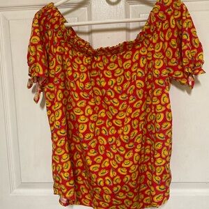 WRANGLER Retro Women's Red Cowboy Hat Print Off Shoulder Blouse Western Sz XL